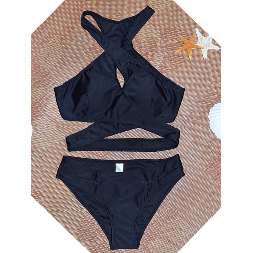 Women Black High V Neck Bandage Cross Hollow Out Low Waist Bikini Beachwear Women Black High V Neck Bandage Cross Hollow Out Low Waist Bikini Beachwear