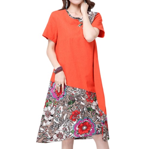 Elegant Women Chinese Frog Printing Patchwork Cotton Linen Dress Elegant Women Chinese Frog Printing Patchwork Cotton Linen Dress