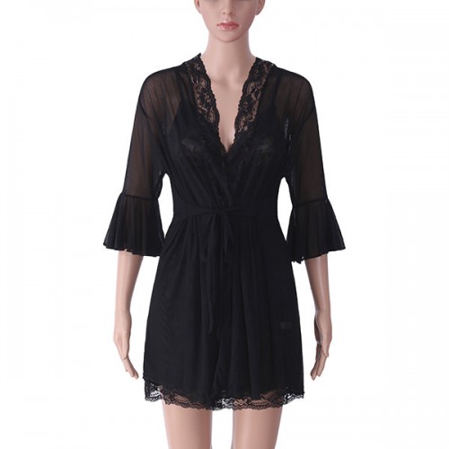 Three-piece Women Sexy Transparent Mesh Slip Dress Pure Color Robe Sleepwear Sets Three-piece Women Sexy Transparent Mesh Slip Dress Pure Color Robe Sleepwear Sets