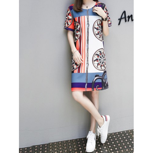 Elegant Women O-Neck Short Sleeve Printed Straight Dress Elegant Women O-Neck Short Sleeve Printed Straight Dress