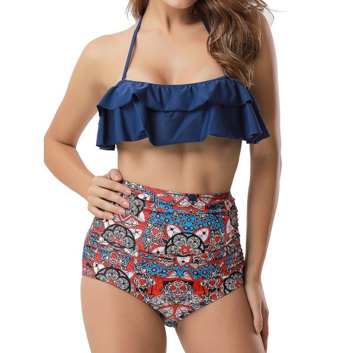 Sexy Halter Flounce Backless High Waist Print Panties Tankinis Set Sexy Halter Flounce Backless High Waist Print Panties Tankinis Set