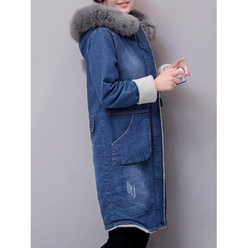 Casual Women Faux Fur Collar Double Pocket Thick Denim Coat Casual Women Faux Fur Collar Double Pocket Thick Denim Coat