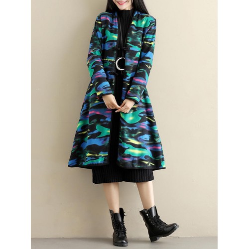 Ethnic Women Thick Long Sleeve Frog Button Printed Coat with Pockets Ethnic Women Thick Long Sleeve Frog Button Printed Coat with Pockets