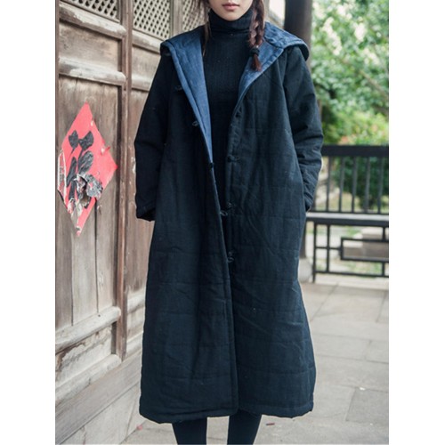 Vintage Women Solid Color Long Sleeve Hooded Cotton Long Coat Vintage Women Solid Color Long Sleeve Hooded Cotton Long Coat