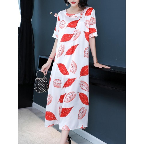 Elegant Women Floral Print O-neck A-line Dress Elegant Women Floral Print O-neck A-line Dress