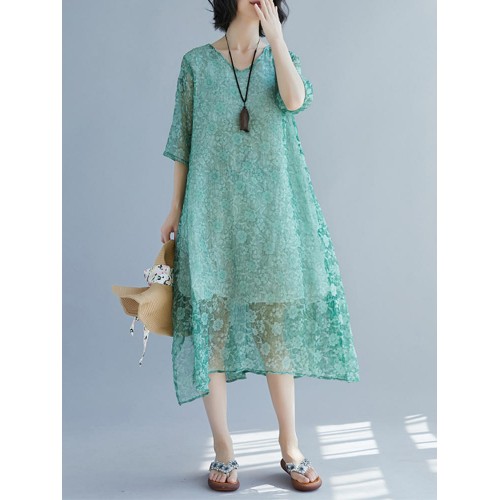 Elegant Women Floral Print Half Sleeves V-neck Loose Dress Elegant Women Floral Print Half Sleeves V-neck Loose Dress