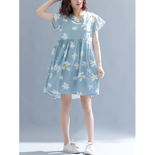 Vintage Floral Print V-neck Flared Sleeves Pleated Dress M-5XL Vintage Floral Print V-neck Flared Sleeves Pleated Dress M-5XL
