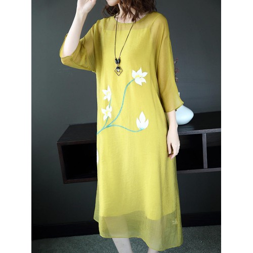 O-Neck Floral Print Chiffon Maxi Dress O-Neck Floral Print Chiffon Maxi Dress