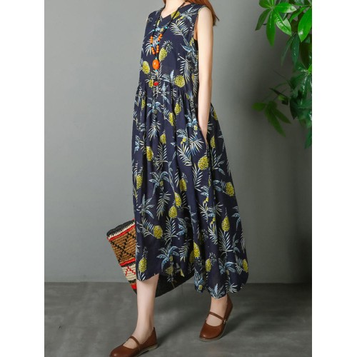 Cotton Sleeveless V-neck Pineapple Pattern Beach Dress Cotton Sleeveless V-neck Pineapple Pattern Beach Dress