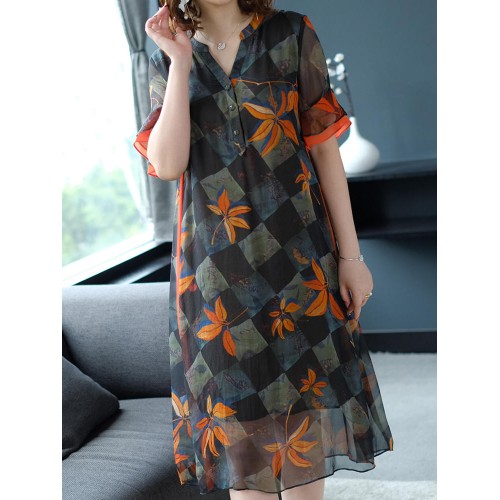 Semi-sheer Floral print Button V-neck Dress Semi-sheer Floral print Button V-neck Dress