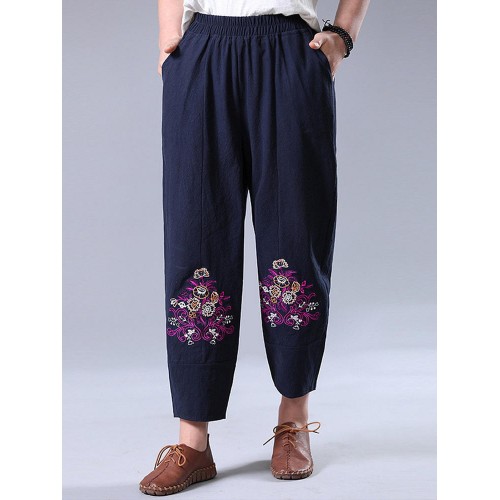 Vintage Women Embroidery High Elastic Waist Pants Vintage Women Embroidery High Elastic Waist Pants