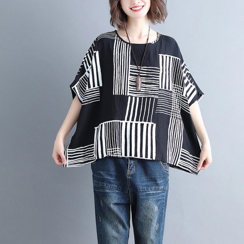 Casual Women Cotton Linen Loose Plaid Batwing Sleeve Shirts Casual Women Cotton Linen Loose Plaid Batwing Sleeve Shirts