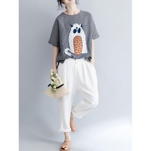 Women Cotton Linen Plaid Cartoon Cat Embroidered Short Sleeve T-Shirts Women Cotton Linen Plaid Cartoon Cat Embroidered Short Sleeve T-Shirts
