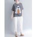 Women Cotton Linen Plaid Cartoon Cat Embroidered Short Sleeve T-Shirts Women Cotton Linen Plaid Cartoon Cat Embroidered Short Sleeve T-Shirts