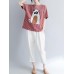 Women Cotton Linen Plaid Cartoon Cat Embroidered Short Sleeve T-Shirts Women Cotton Linen Plaid Cartoon Cat Embroidered Short Sleeve T-Shirts