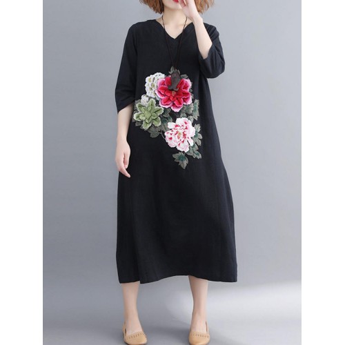 Floral Embroidery A-line V-neck Long Sleeve Maxi Dress Floral Embroidery A-line V-neck Long Sleeve Maxi Dress