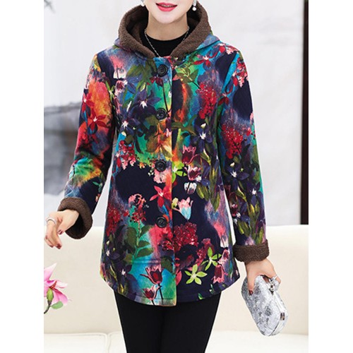 Women Floral Print Buttons Long Sleeve Zipper Winter Coats Women Floral Print Buttons Long Sleeve Zipper Winter Coats