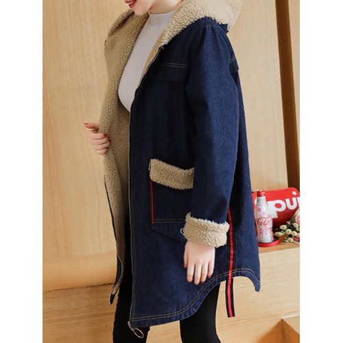 Women Casual Long Sleeve Pockets Fleece Thicken Denim Coats Women Casual Long Sleeve Pockets Fleece Thicken Denim Coats