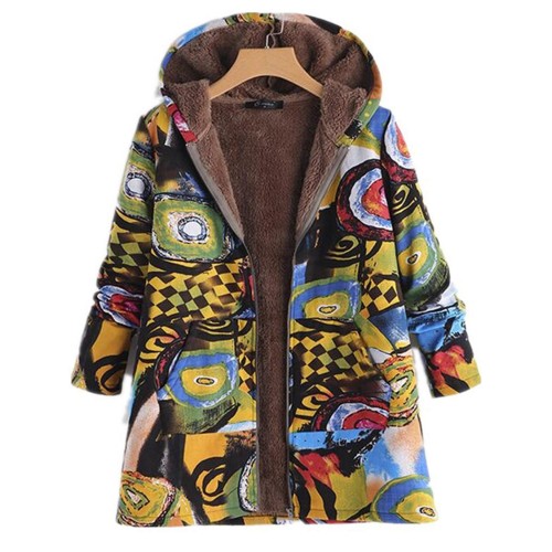 Vintage Women Fleece Art Print Long Sleeve Zipper Coats with Pockets Vintage Women Fleece Art Print Long Sleeve Zipper Coats with Pockets