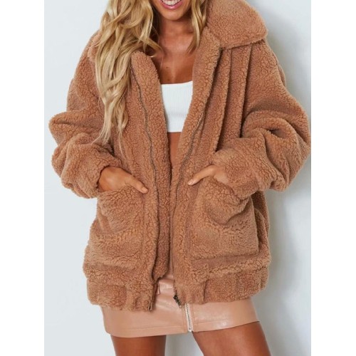 Casual Women Pure Color Lapel Fleece Zipper Coats with Pockets Casual Women Pure Color Lapel Fleece Zipper Coats with Pockets