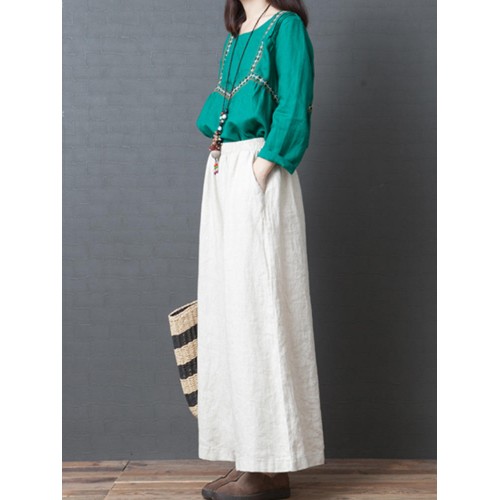 Women Casual Cotton Linen Pure Color Elastic Waist Pants with Pockets Women Casual Cotton Linen Pure Color Elastic Waist Pants with Pockets