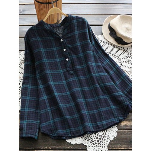 Casual Women Cotton Plaid V-Neck Button Long Sleeve Blouse Casual Women Cotton Plaid V-Neck Button Long Sleeve Blouse