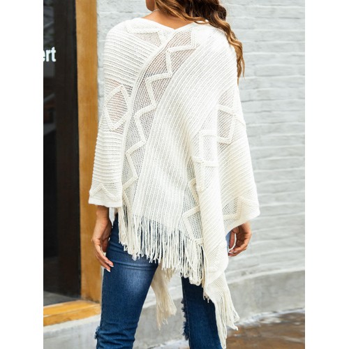 Women Pure Color Geometric Loose Knit Shawl Tassel Sweater Coats Women Pure Color Geometric Loose Knit Shawl Tassel Sweater Coats