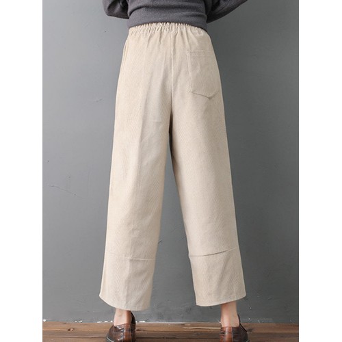 Women Pure Color Elastic Waist Pockets Corduroy Pants Women Pure Color Elastic Waist Pockets Corduroy Pants