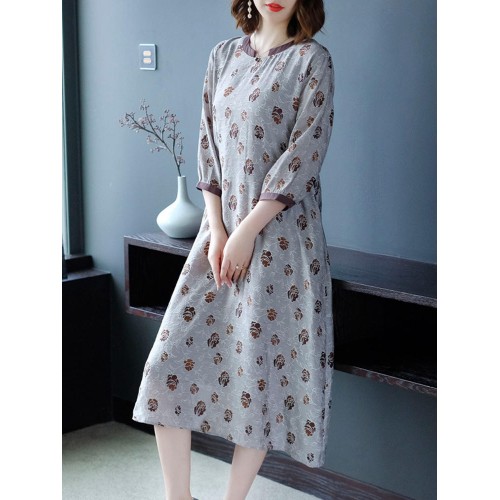 Women Elegant Floral Print Crew Neck Three Quarter Sleeve Dress Women Elegant Floral Print Crew Neck Three Quarter Sleeve Dress