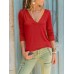Pure Color Patchwork V-neck Long Sleeve T-shirts Pure Color Patchwork V-neck Long Sleeve T-shirts