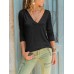 Pure Color Patchwork V-neck Long Sleeve T-shirts Pure Color Patchwork V-neck Long Sleeve T-shirts
