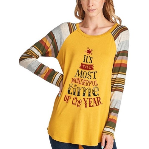 Casual Women Christmas Letter Print Striped Patchwork T-Shirts Casual Women Christmas Letter Print Striped Patchwork T-Shirts