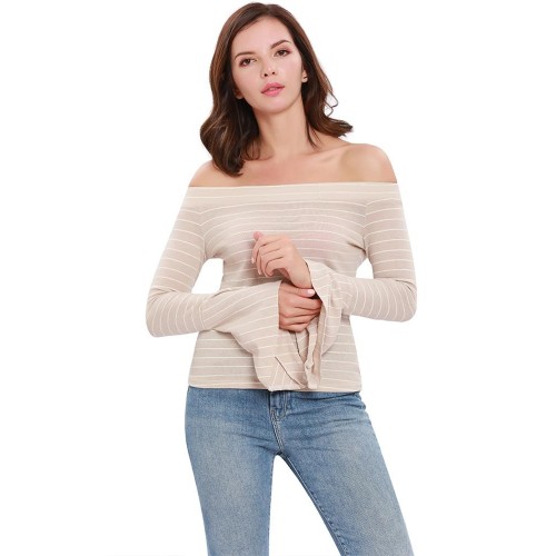 Trumpet Sleeve Blouses Neckline Striped Knit T-Shirts Trumpet Sleeve Blouses Neckline Striped Knit T-Shirts