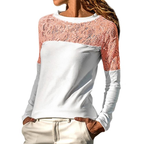 S-5XL Women Lace Patchwork Hollow Out Crew Neck Long Sleeve Blouse S-5XL Women Lace Patchwork Hollow Out Crew Neck Long Sleeve Blouse