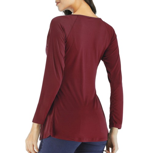 Casual Women Long Sleeve V Neck Pleated Solid Color T-shirts Casual Women Long Sleeve V Neck Pleated Solid Color T-shirts
