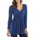 Casual Women Long Sleeve V Neck Pleated Solid Color T-shirts Casual Women Long Sleeve V Neck Pleated Solid Color T-shirts