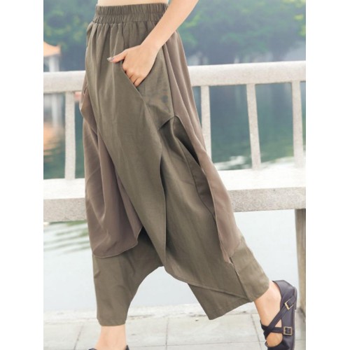 Wide Leg Women Cotton Linen Solid Color Elastic Waist Irregular Pants Wide Leg Women Cotton Linen Solid Color Elastic Waist Irregular Pants