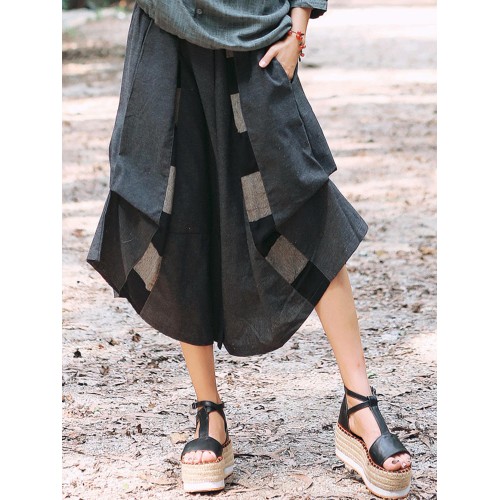 Women Elastic Waist Cotton Linen Irregular Patchwork Pants Women Elastic Waist Cotton Linen Irregular Patchwork Pants