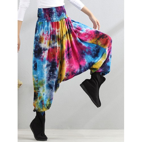 Retro Women Color-block Folk Style Elastic Waist Pants Retro Women Color-block Folk Style Elastic Waist Pants