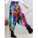 Retro Women Color-block Folk Style Elastic Waist Pants Retro Women Color-block Folk Style Elastic Waist Pants