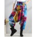 Retro Women Color-block Folk Style Elastic Waist Pants Retro Women Color-block Folk Style Elastic Waist Pants