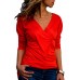 Casual Women V-neck Long Sleeve Pleated T-shirts Casual Women V-neck Long Sleeve Pleated T-shirts
