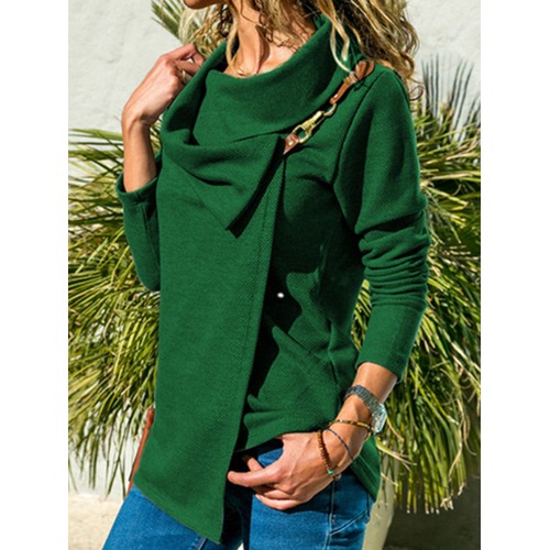 Women Casual Turn-Down Collar Leather Buckle Irregular Hem T-shirts Women Casual Turn-Down Collar Leather Buckle Irregular Hem T-shirts