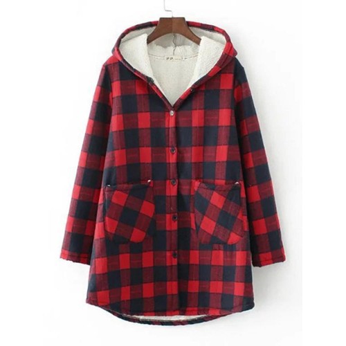 Women Casual Button Hooded Plaid Coats with Pocket Women Casual Button Hooded Plaid Coats with Pocket