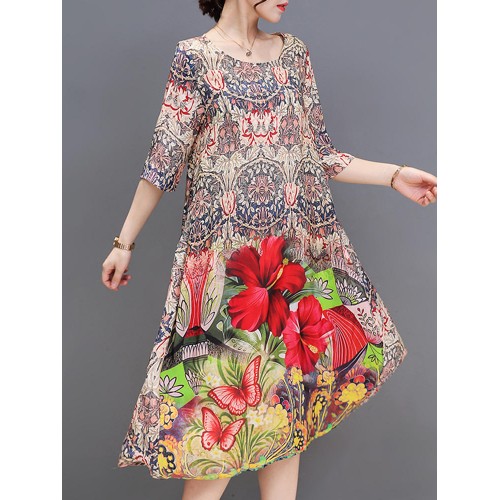 Women Elegant Floral Print Crew Neck Loose Dress Women Elegant Floral Print Crew Neck Loose Dress