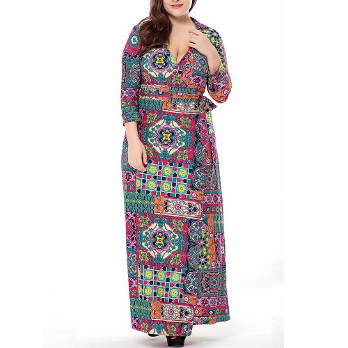 Plus Size Vintage Printed V-neck 3/4 Sleeve Maxi Dress Plus Size Vintage Printed V-neck 3/4 Sleeve Maxi Dress
